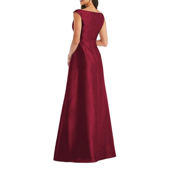 Alfred Sung Off the Shoulder Satin Maxi Dress in Burgundy‎ Red - Picture 2 of 9